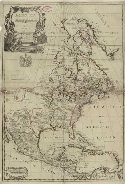 Map of North America showing the European claims, Native American land and villages, rivers, lakes, cities, and notes on explorers, discoveries, and topographical features based on (often misunderstood) reports of Native Americans. Many of the notes discuss the most debated cartographic discoveries of the period.  The elaborate and detailed cartouche in the upper right corner features two nude women and a man. One woman (on the right) holds a baby and an umbrella, the other sits on the right, adorned in feathers, next to a pot of gold, and holds a short spear or scepter. The man holds a bow and points to the crown of feathers at the top of the cartouche. Various animals, plants, and fruit further adorn the cartouche. Below sits a coat of arms. 