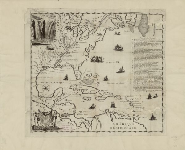 Map showing the regions explored by Robert de La Salle between 1681 and 1686, as well as the route La Salle, and later Henri Joutel, took, moving north from Texas and up the Mississippi River. Regions, and a few cities, forts, lakes, and rivers are labeled. Illustrations of ships decorate the ocean, and three illustrations of bison appear in the interior of North America. A key stands along the right side, describing important points and events along the expedition route. In the upper left corner sits a detailed depiction of Niagara Falls. The title cartouche, in the lower left corner, is shown as bison hide held up by two men wearing feather and furs, the one on the left holding a bow and the one on the right a club.