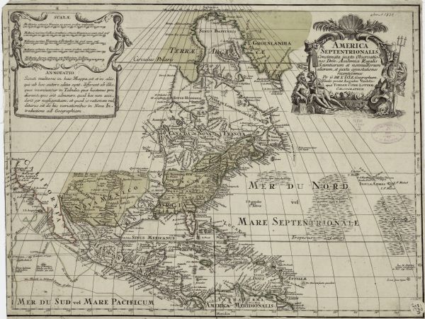 Map of North America based upon the cartographic work of de L'Isle. It shows cities, regions, lakes, rivers, Native American land, mountains, islands, and the boundaries of European claims during the French and Indian War. In this particular copy only the English claims, "Nova Mexico," and Greenland are painted in fully. The north west is left blank, devoid of any speculation, a typical feature of L'Isle. The map uses sinusoidal projection to simulate the curvature of the earth. Several routes of various explorers appear, with notes and dates, along the west coast. The Sargasso Sea appears pictorially in the Atlantic ocean, along with two other regions with notes that are similarly depicted. The title cartouche features Poseidon holding his trident and a large fish on the right, and two other men, possibly Poseidon's sons, holding jars of water and a spear.
