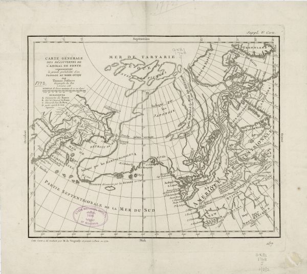 Map of the north west portion of America and Canada, as well as a small section of eastern Russia.  Lakes, rivers, Native American land and the occasional settlement are marked, but this map focuses on the discoveries of Russian explorers, and particularly on the discovery of a Northwest Passage by the fictional Admiral de Fonte. Alaska is shown as a peninsula rather than a string of islands, which was more typical for this time. Numerous notes accompany the topographical features. A small key sits under the title and scale, indicating that the information shown on the map comes from the discoveries of the Russians, de Fonte, de Fuca, and Japanese maps. 