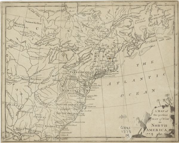 Map of the American colonies and land east of the Mississippi River. Prominent cities, forts, Native American land, mountains, rivers and lakes are all shown and labeled. A few routes, possibly roads are shown with solid lines connecting settlements and cities. One double line, depicting an important road or route, extends south from Boston to St. Augustine in Florida. An illustration of mountains surmounted by three palm trees decorates the title cartouche.