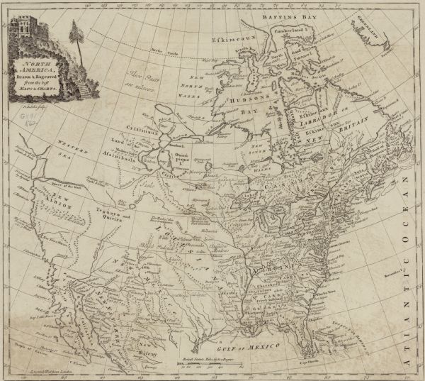 Map of North America showing the boundaries between French, Spanish, and English claims after the French and Indian War. Kitchin includes numerous place names, including regions, Native American lands, the colonies, cities, settlements, forts, mountains, rivers, and lakes. The English colonies extend to the Mississippi River. Annotations dot the map, including some which show the locations of certain discoveries (real and fictional). The mythical Western Sea, Mountain of Bright Stones, and River of the West all make an appearance. A fort on top of a hill, reachable by steps, and a tree adorn the title cartouche.