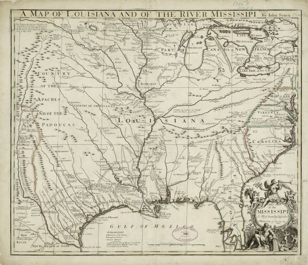 Map of North America from from the Rio Grande to the Atlantic Ocean, showing boundaries, the colonies, cities, settlements, mines, forts, Native American lands and villages, marshes, prairies, mountains, rivers, and lakes. The map also shows numerous routes of various explorers such as De Soto, Cavelier, Tonty, Moscoso and Denis, along with numerous annotations describing the discoveries. Other notes provide information on mining, Native Americans, their villages, and hunting grounds. The decorative title cartouche features a river god, Fame, blowing her horn, and two putti holding cornucopias and two mining.