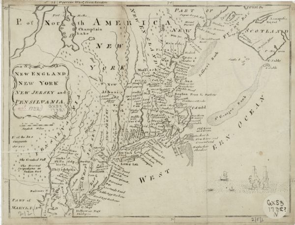 Map of the north east coast of America, showing colonial borders, cities, Native American land, lakes, rivers, and a few hills and mountains. Illustrated trees cover much of Pensylvania, New York, and northern New England to represent wilderness. Ships wage a navel battle in a small vignette in the lower right corner. Most important, however, this map is one of the earliest post road maps, showing the road (a double line, slightly faded in this particular copy) leading out from Portsmouth, New Hampshire down the coast through New York and into East and West New Jersey. 
