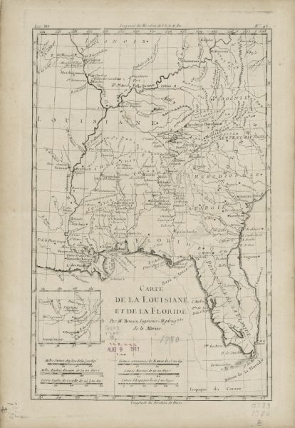 Map of Florida and the south eastern States. The map shows cities, towns, forts, Native American land, mountains, rivers, and lakes. A small inset map of the Missouri River sits near the lower right corner. A hydrographer specializing in coastal regions, Bonne includes six different scales on his map, four of which offer distance in leagues.