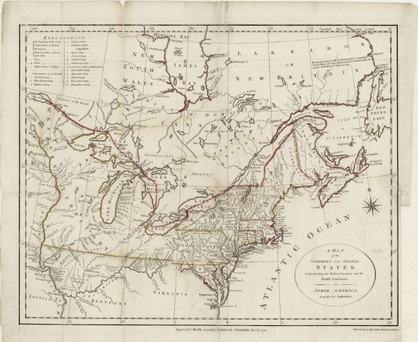 Map of the United States east of the Mississippi River and north of the Ohio River. It shows the borders between the north eastern states, Canada and the United States, and the Mason-Dixon line. The map also includes counties, cities, towns, forts, Native American land and towns, mines, army land, mountains, swamps, lakes, and rivers. A few notes appear throughout the map, such as one in Canada on the "Eskimeaux." The army land, land reserved for veterans of the Revolutionary war, shown here consist of Illinois Company, Wagbash Company, New Jersey Company, Ohio Company, and the 7 Ranges, along with the Donation Lands from the Commonwealth of Virginia and General Clark's Grant 1500 acres.