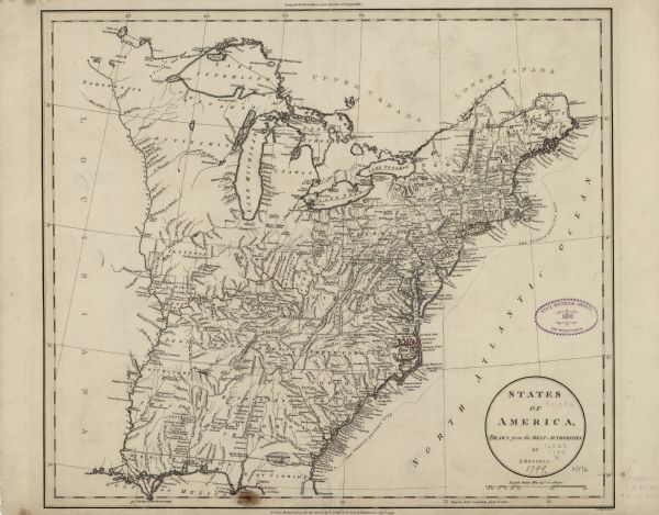 Map of the United States east of the Mississippi River. It shows borders, treaty lines, forts, cities, towns, Native American land, mountains, swamps, lakes, and rivers. Borders and annotations designate the lands granted or reserved for various troops and companies of the American Revolutionary War, particularly between the Illinois and Ohio River. Other annotations dot the map.