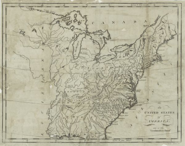 Map of the United Sates, showing the borders between the states and territories, a few cities, mountains, portages, waterfalls, lakes, and rivers. Tennessee and Kentucky are labeled, Vermont does not appear. 