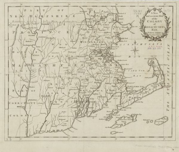 Map of  eastern Massachusetts, Rhode Island, eastern Connecticut, and small portions of New Hampshire and Vermont. It shows the boundaries, counties, cities, roads, mountains, waterfalls, lakes, and rivers. Bunker Hill appears pictorially and labeled next to Cambridge. A decorative wreath borders the title cartouche.