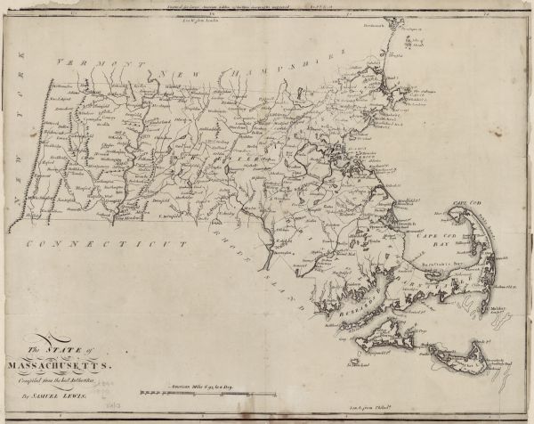 Map of Massachusetts showing counties, cities, roads, islands (including Nantucket and Martha's Vineyard), mountains, hills, lakes, and rivers. Two small engraved trees labeled "station trees" appear just above the Merrimack River; an early survey marker.  