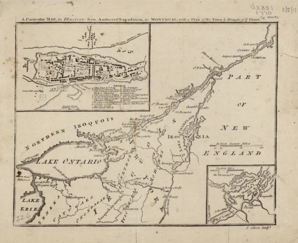 Map showing upstate New York, Lake Ontario, and the St. Lawrence River during the last, decisive battle of the French and Indian War. The main map shows a detailed account of Native American land, along with forts, cities, islands, portages, waterfalls, lakes, and rivers. In the bottom right corner, an inset map shows Montreal Island, the Thousand Islands, and the surrounding area. A map in the upper left corner shows a detailed depiction of the town of Montreal, including street names, hospitals, churches, monasteries, convents, gates, fortifications, and various other points of interest. Despite the title of the map, no military action or routes are indicated. A handwritten manuscript annotation near Niagara Falls reads: "Davan Town."
