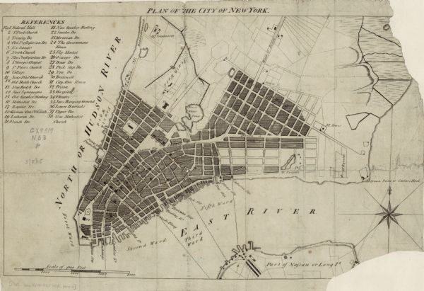 Map of New York City showing ward boundaries, ferries, streets, roads, swamps, ponds, and rivers. The properties of Lispinard, Byards, Jones, Rutgers, and Byvank just outside the city proper are marked. A reference key in the upper left corner marks and names thirty eight points of interests, such as public buildings, churches, docks, markets, prisons, hospitals, theaters, a synagogue, and Jewish cemetery.