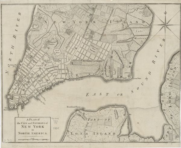 Fairly detailed map of New York City and parts of Long Island. It shows streets, roads, wharves, ferries, ship yards, Fort George and the battery, public buildings, gardens, farmland (occasionally marked with the landowner's name),  forests, marshes, meadows, ponds, and rivers.  Several buildings and areas are marked with a letter, though the key is not attached. A few areas show future development, labeled as "New Buildings not Finished." Two roads, above Delaney's New Square, make reference to the ongoing Revolutionary War. One reads "Road to Kings Bridge where the Rebels mean to make a stand," the other "Road to Kepp's Bay where the King's Troops landed." Faint offsetting is apparent.