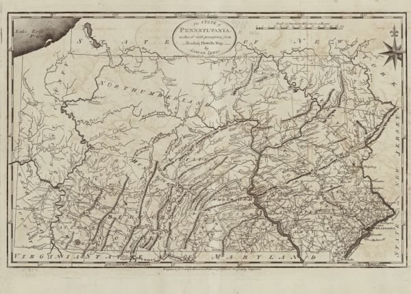 Map of Pennsylvania showing counties, cities, roads, quarries, roads, mountains, lakes and rivers.