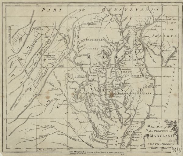 Map of Maryland and a portion of the surrounding provinces. It shows the boundary lines and borders, counties, cities, towns, roads, mountains, bays, and rivers.  A few annotations dot the map, particularly naming the roads such as one reading "Indian Road to Virginia." The map claims much of north-eastern Virginia for Maryland, and Delaware is labeled as "part of the Jerseys." The title cartouche sits in the lower right corner, framed by a tree and plant covered mound.