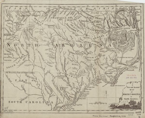 Map of North Carolina showing counties, cities, towns, chapels, courthouses, Quaker meeting houses, forts, mountains, swamps, inlets, lakes, and rivers. A scene of trees and hills along a river decorates the title cartouche in the lower right corner.