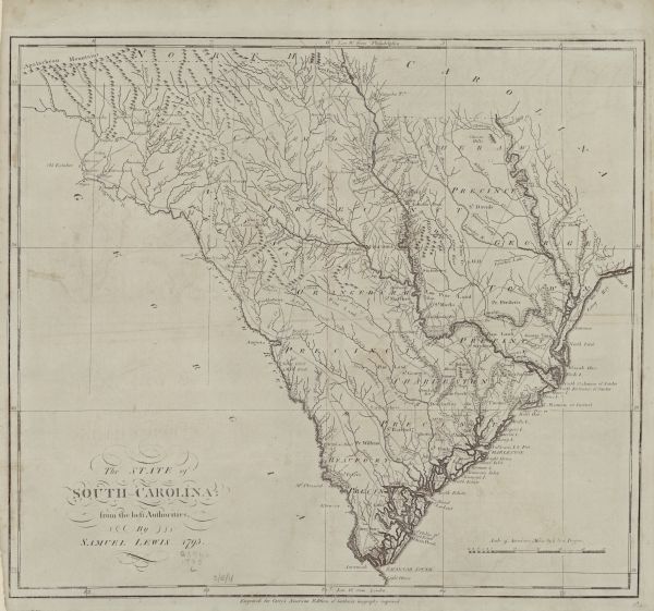 Map of South Carolina showing the precincts, cities, towns, Native American villages (marked with a triangle), courthouses, roads, mountains, swamps, islands, and rivers. Other various landmarks such as ferries, lighthouses, and iron works are noted. Pictorial imagery distinguishes the topography of the shores of some of the rivers.
