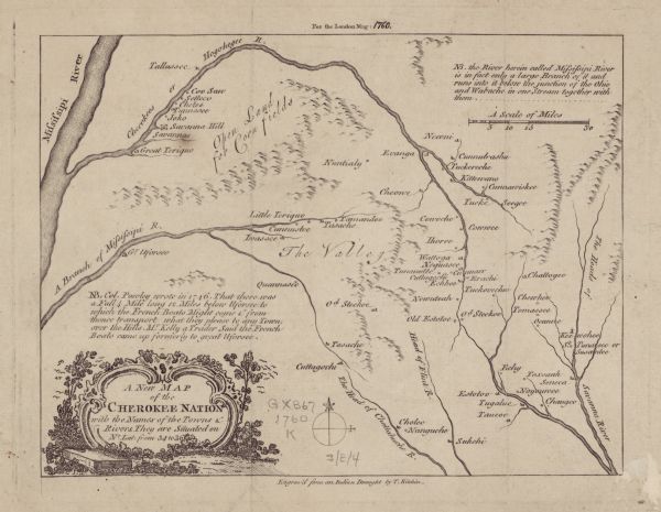 Map showing the towns, mountains, valleys, corn fields, and rivers of a portion of the Cherokee Nation. A few annotations on the map explain the land and rivers. Trees and a rolling hill decorates the title cartouche. Kitchin engraved his map from a Native American draft of the region. It is accompanied by two pages of text, which describe the expedition of Governor Lyttelton of South Carolina against the Cherokee Nation, and the resulting treaty which supposedly led to an alliance between the Cherokees and English against the French.