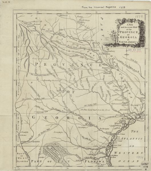 Map of colonial Georgia showing cities, towns, Native American land and towns, forts, roads, trading paths, islands, mountains, swamps, and rivers. Annotations dote the map, describing the condition of the land, such as one reading "all pine land back from the river." A tree and grass covered mound decorates the title cartouche.