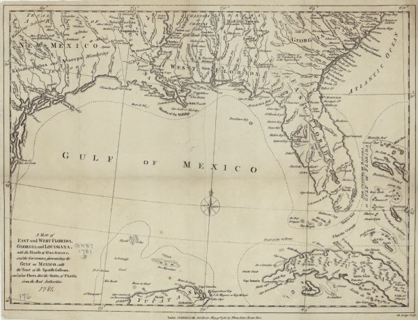 Map of the Southeastern part of the British Colonies in North America, Gulf Coast and Caribbean. It illustrates the of the Spanish and English fleets, particularly the route from St. Augustine to the western part of the Golf of Mexico, and the route around the Yucatan to Cuba. It also shows the borders, cities, towns, Native American land, forts, mines, islands, mountains, swamps, bays, lakes, and rivers. Annotations mark a few points of interest, such one in modern Texas reading "Here Mr. de la Salle was Killed 1687." Other notes provide further information on the land, forts, and Native Americans.