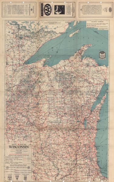This map shows the entire state of Wisconsin as well as portions of Michigan, Minnesota, Iowa and Illinois.  Lake Michigan, Lake Superior, Lake Winnebago and the Mississippi River along with smaller lakes and rivers are labeled. The roads presented on the map are made of pavement, improved earth, graded earth and earth. A key in the bottom left corner identifies what each road has been constructed with. State highways and federal routes are labeled with their corresponding numbers. Ferry routes are also labeled on Lake Michigan and Lake Superior. The back of the map contains an index with explanation to locate cities within the map.  Additionally, AAA provides a list of their official hotels, driver advice and advertisements for road guides and services.