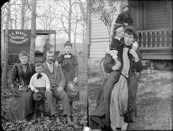 Two Images: Group Posing with Photographer's Cart; Woman with Child Two images: on the left are two adults and two children posing in front of C.R. Monroe's Photography cart. A person is standing on the cart. On the right is a woman sitting in a chair, with a child standing and embracing her from behind. There is a man sitting on a porch in the background.