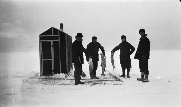 Four men, three holding large fish, pose near an ice fishing shanty off of Fish Creek.  Some of their gear is on the ice.