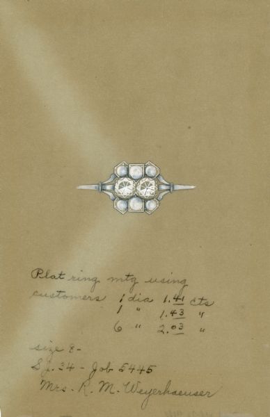 Hand-colored drawing, on card, of a design for a diamond and platinum ring with the specifications for eight diamonds. The design was for Mrs. R.M. Weyerhaeuser. The artist used similar cards as sales samples in his jewelry business which was established by his father, Ferdinand Hotz, in 1892.