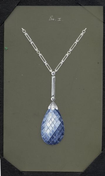 A drawing of a design for a necklace with a large faceted blue stone hanging from a chain with circular and rectangular links.