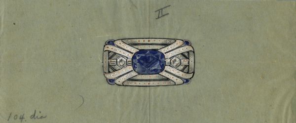 A colored drawing, on tissue, of a design for a brooch featuring a large, faceted blue stone in the center, with smaller blue cabochons at the corners. Small coral colored stones or enameled dots are indicated on the setting. A Roman numeral "II" and "104 dia" are written on the design. 

