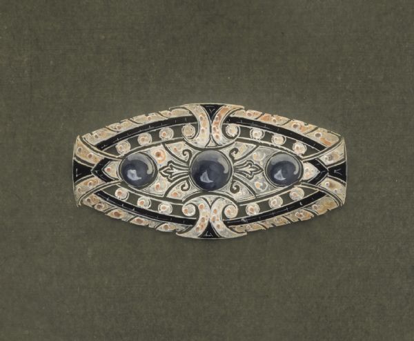 Hand-colored drawing for an oval brooch featuring three round, dark grey cabochons, in an intricate setting featuring multiple black and coral colored stones. On the reverse is written "6401."