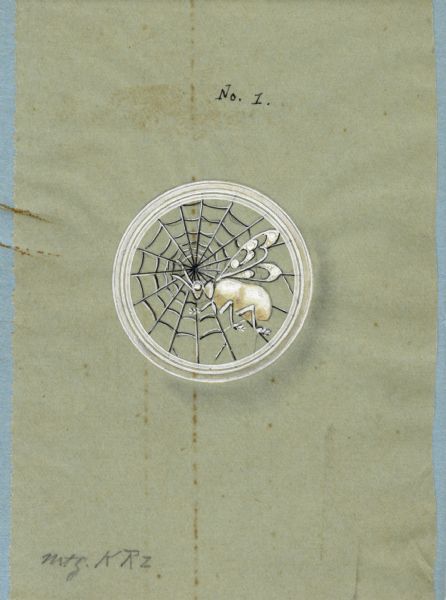 Hand-colored drawing on green tissue mounted on blue cardboard, of a design for a brooch in the form of a round spider web with a fly trapped on it. The body of the fly is a fresh water pearl; there are small stones indicated on the wings and the eye. "No. 1" and "mtg.KRZ" are written on the front; on the reverse is written "3871" and "3376."