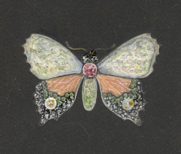 Hand-colored drawing on black cardboard of a design for a brooch in the form of a butterfly. The materials are not specified but the drawing depicts multicolored stones, mother-of-pearl and/or enameling.