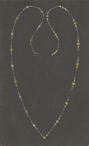 Hand-colored drawing on grey cardboard depicting a design for a necklace. Series of long and short links alternate with white or yellow stones throughout the length of the necklace. On the right side of the drawing, small white stones are substituted for some of the metal links adjacent to yellow stones.