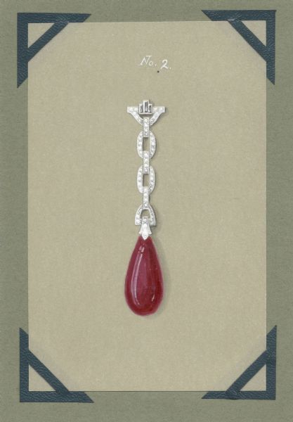 Hand-colored drawing on beige tissue mounted on green cardboard, of a design for a pendant. A large, tear drop shaped smooth red stone hangs from a short chain of oval links set with small white stones. The design is labeled "No. 2."
