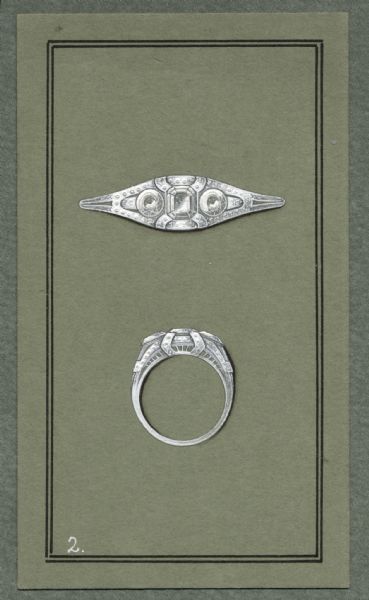 A drawing, on green paper mounted on a darker green cardboard, of a top and side view of a design for a white gold or platinum and diamond ring. The design is labeled simply "2." On the reverse is a stamp which reads "This design is the property of Ferdinand Hotz. A charge will be made if not returned."