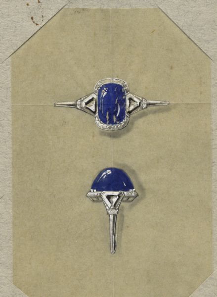 A hand-colored drawing on tissue mounted on beige cardboard of a design for a ring. The design depicts a tall, oval dark blue cabachon with a triangular diamond on each side. Smaller diamonds surround the central stone. Shows top  and side views. The setting is white gold or platinum.