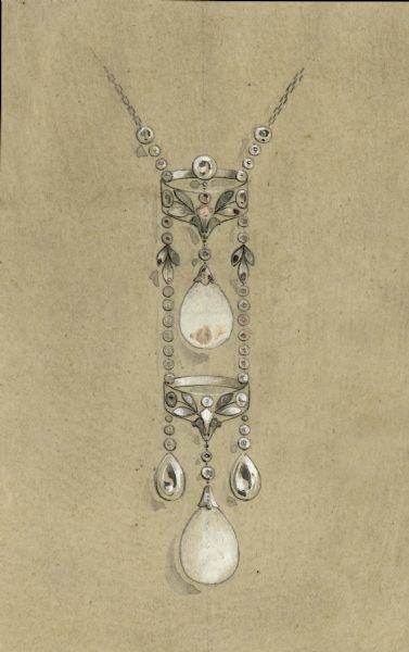 A drawing on beige paper of a design for a pendant. The design features two teardrop shaped pearls, each suspended from a foliate ring with one ring suspended from the other. Other small stones and two teardrop shaped cut stones complete the design. On the reverse is written "6447."