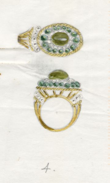 Hand-colored drawing, labeled 4., of a design for a ring featuring a large green cabochon. The stone is surrounded by a ring of white stones, with an outer ring of green stones. Each side features five additional white stones in a row. The setting is of openwork yellow gold.
