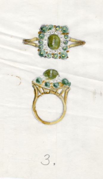 Hand-colored drawing, on white paper, of a design for a ring, labeled 3. The ring features a large green cabochon surrounded by a ring of white stones and an outer square of green stones set in an openwork yellow gold mounting.
