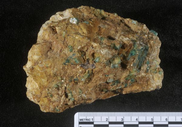 A specimen of emerald in matrix from the mineral collection of Ferdinand Hotz at the University of Wisconsin Geology Museum.
