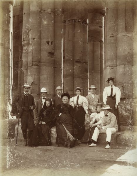 Group portrait including Violet Lee Dousman (back row, 4th from left) and her fellow travelers on a trip to Egypt.