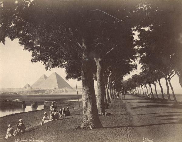 View down road lined with trees in Egypt. A group of Egyptians are standing and sitting between the trees and the river, and travelers on the road are walking or riding camels. There is a small bridge over the river. The pyramids are in the background on the left. This image was included in a photo album documenting a trip made by Violet Dousman to Egypt in 1896.