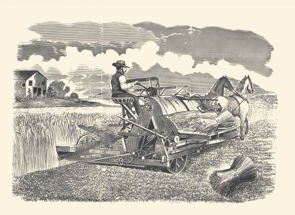 Letterpress print of McCormick's Harvester and Self Binder (wire binder). The grain binder is operated by a man seated on the machine and pulled by two horses.
