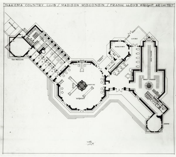 Unexecuted design by Frank Lloyd Wright of Nakoma Country Club, for which the architect received a fee of $5,000.