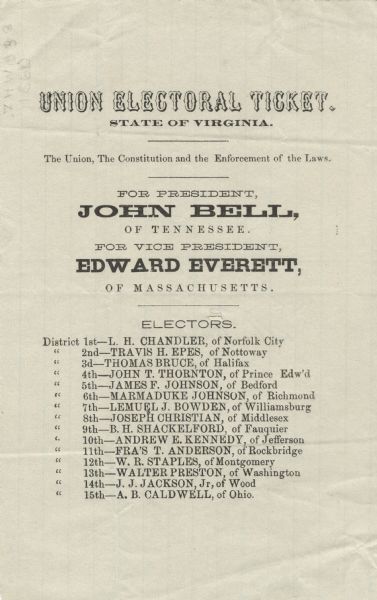 Union Electoral Ticket for the United States Presidential Election, John Bell and for Vice President, Edward Everett. Voters that desired to select a straight party ticket would simply sign the back of the ballot and the election officials would place it on the appropriate spindle. Many of the ballots from this time period display a hole in the middle. The signature on the back of this ballot is that of Michael Dennis. The election that year had 4 candidates, Stephen A. Douglas for the National Democratic Party, John C. Breckinridge for the Southern Democratic Party, John Bell for the new Constitutional Union Party and Abraham Lincoln for the Republican Party.