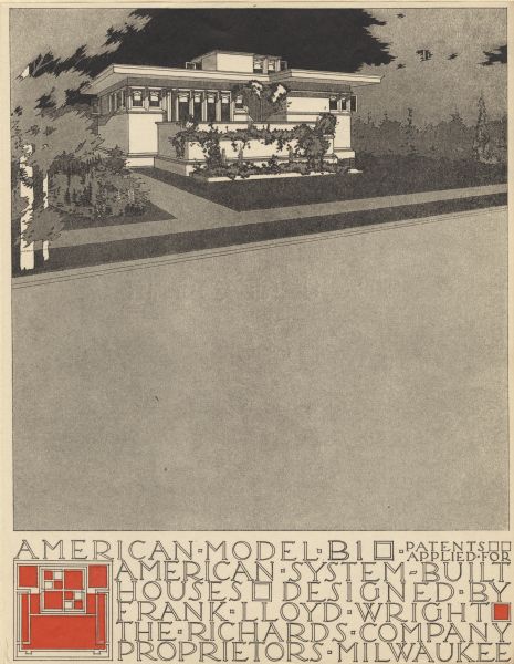 Black and red halftone print of the Model Home B1 perspective drawing. Frank Lloyd Wright outlined his vision of affordable housing. He asserted that the home would have to go to the factory, instead of the skilled labor coming to the building site. Between 1915 and 1917 Wright designed a series of standardized "system-built" homes, known today as the American System-Built Houses. By system-built, he did not mean pre-fabrication off-site, but rather a system that involved cutting the lumber and other materials in a mill or factory, then bringing them to the site for assembly. This system would save material waste and a substantial fraction of the wages paid to skilled tradesmen. Wright produced more than 900 working drawings and sketches of various designs for the system. Six examples were constructed, still standing, on West Burnham Street and Layton Boulevard in Milwaukee, Wisconsin. Other examples were constructed on scattered sites throughout the Midwest with a few yet to be discovered.