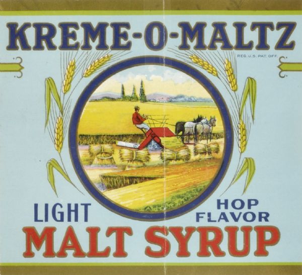 Label submitted to the state of Wisconsin for trademark registration. "Kreme-O-Maltz, Light Hop Flavor, Malt Syrup." Distributed by the Oshkosh Maltz Products Co. At the center of the label is an image of a farmer harvesting grain with a horse-drawn implement. Framed around the the image of the farmer is a circle of grain plants.