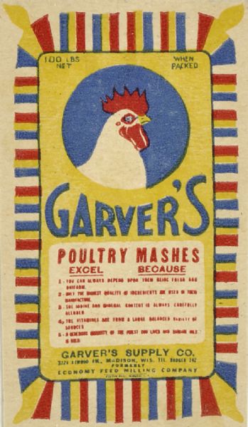 Label submitted to the State of Wisconsin for trademark registration. "Garver's Poultry Mashes." Yellow, blue and red label with the drawing of a chicken.