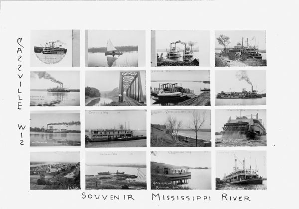Composite of sixteen views mainly views of types of boats on the Mississippi River, including steamboats and excursion boats; one view is a bird-eye view of the community, another is of a bridge.